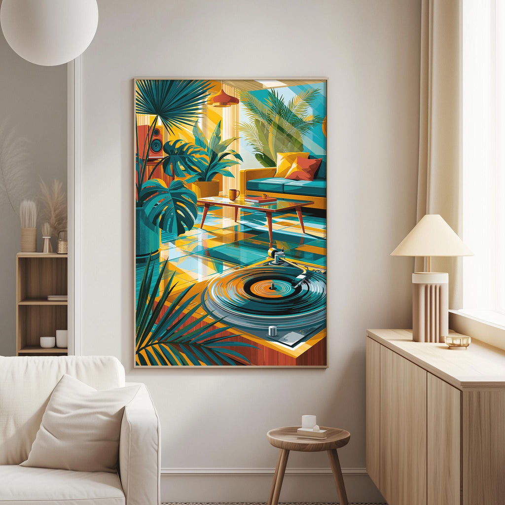 a vibrant and colorful painting of a tropical indoor setting, with a record player and various decorative elements such as plants and lamps.
