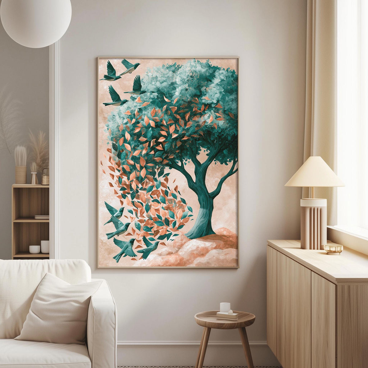 a large painting of a tree with birds flying around it, hanging on a wall in a living room.
