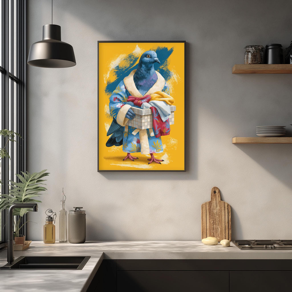 a vibrant painting of a pigeon dressed in a colorful robe, holding a gift box, and standing on a yellow background. The painting is hung on a wall above a kitchen counter, which has various kitchen items such as a cutting board, a soap dispenser, and a plant.