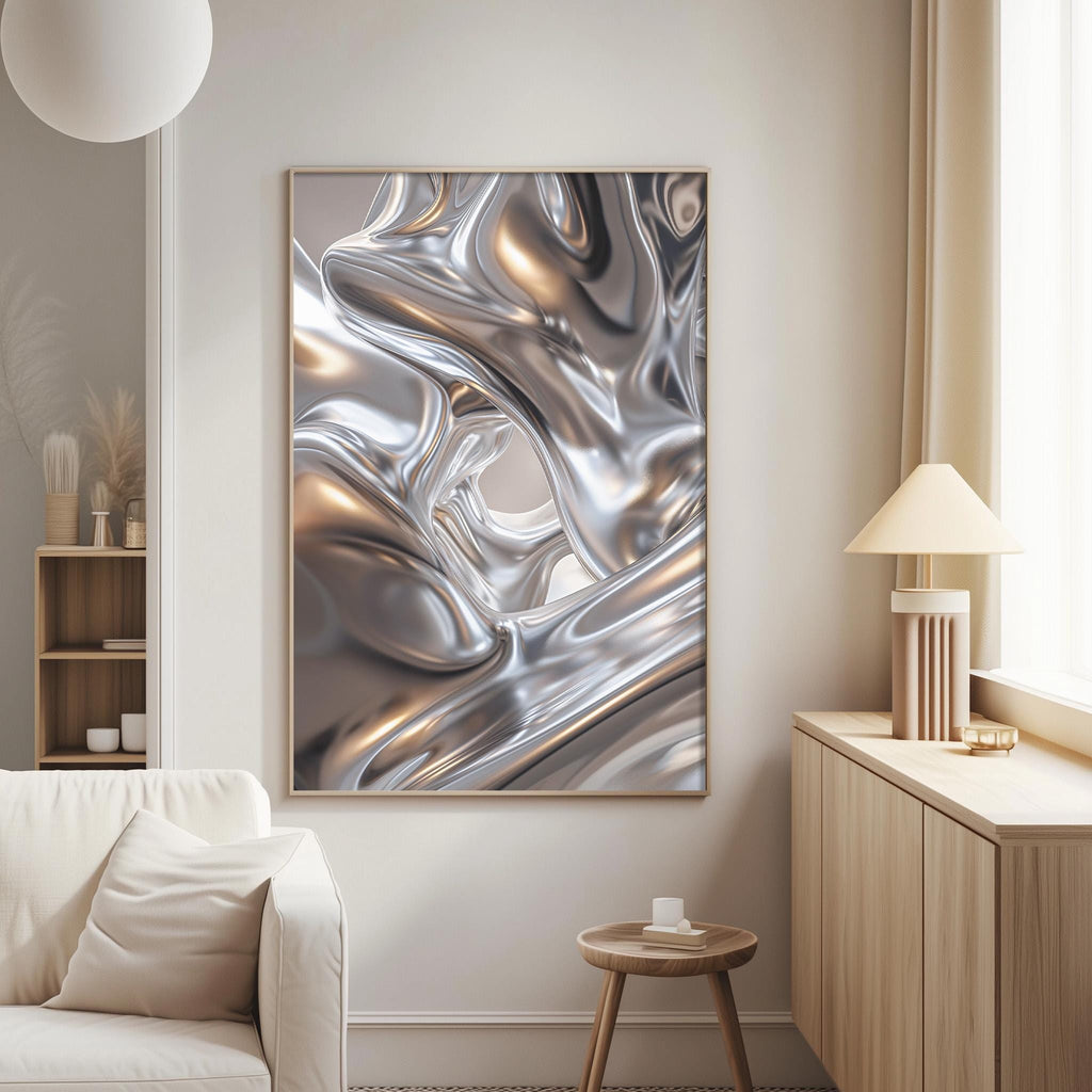 a modern living room with a large abstract painting hanging on the wall. The painting has a metallic, shiny texture that creates a visually striking contrast against the white walls. The room also includes a white sofa, a wooden side table, and a lamp, contributing to the overall minimalist and contemporary aesthetic.