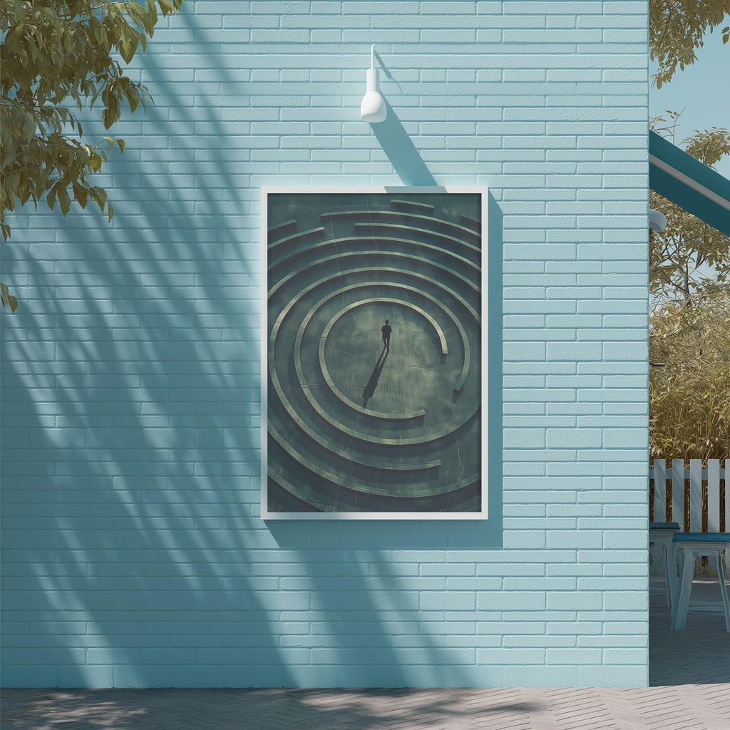 a blue brick wall with a framed artwork depicting a spiral design.