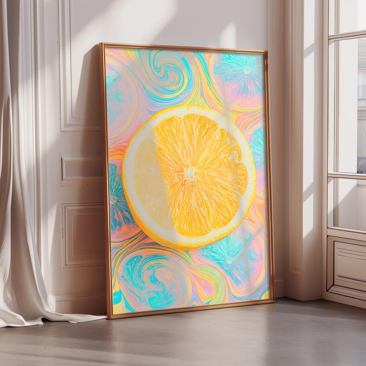 A framed poster featuring a vibrant, colorful image of an orange slice is displayed on a wall in a room with sunlight streaming in from a window.