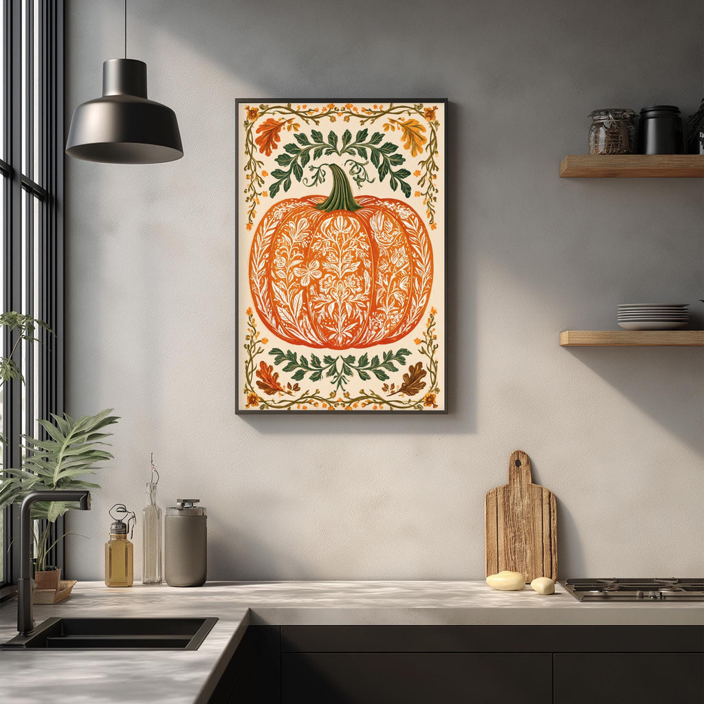a kitchen counter with a framed print of a pumpkin and autumn leaves hanging on the wall above it. The counter also has various kitchen items, such as a cutting board, a soap dispenser, and a bottle.