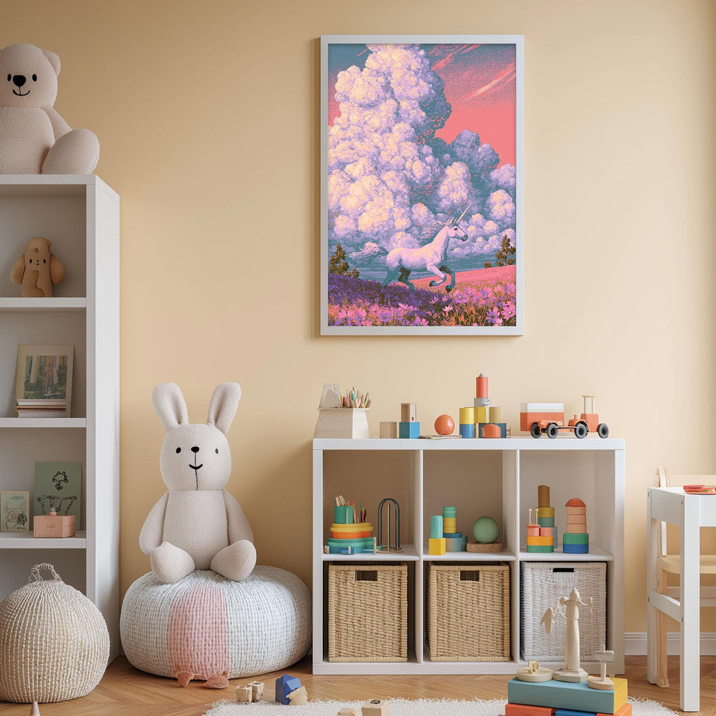 A cozy children's room with a large stuffed bunny, a toy horse, and a colorful painting of a unicorn in a field. The room also contains shelves filled with toys and storage bins, creating a playful and organized atmosphere.