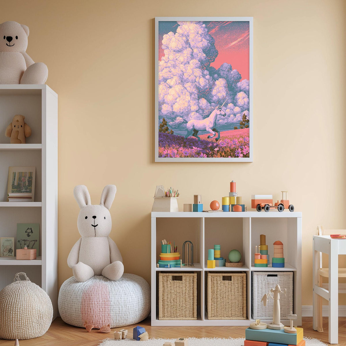 A cozy children's room with a large stuffed bunny, a toy horse, and a colorful painting of a unicorn in a field. The room also contains shelves filled with toys and storage bins, creating a playful and organized atmosphere.