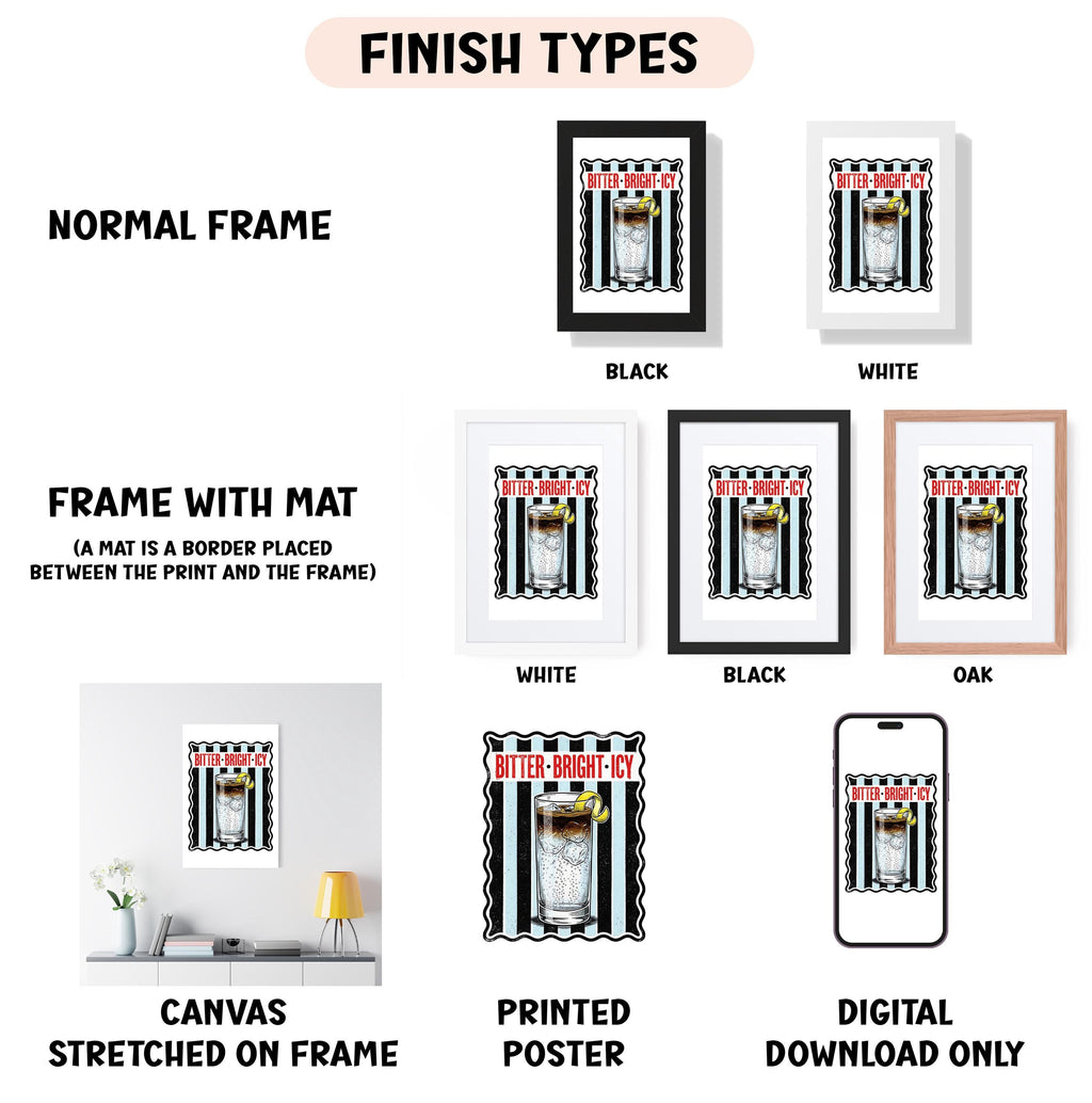 various finish types for artwork, including a normal frame, a frame with a mat, a white frame, a black frame, a black frame, an oak frame, a white frame, a black frame, a white frame, a printed poster, and a digital download only.