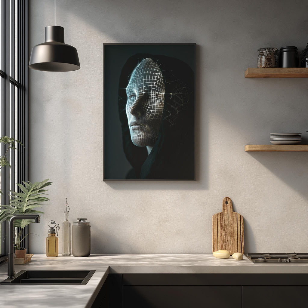 a modern kitchen with a large framed artwork of a person's face on the wall above a wooden cutting board and other kitchen items.