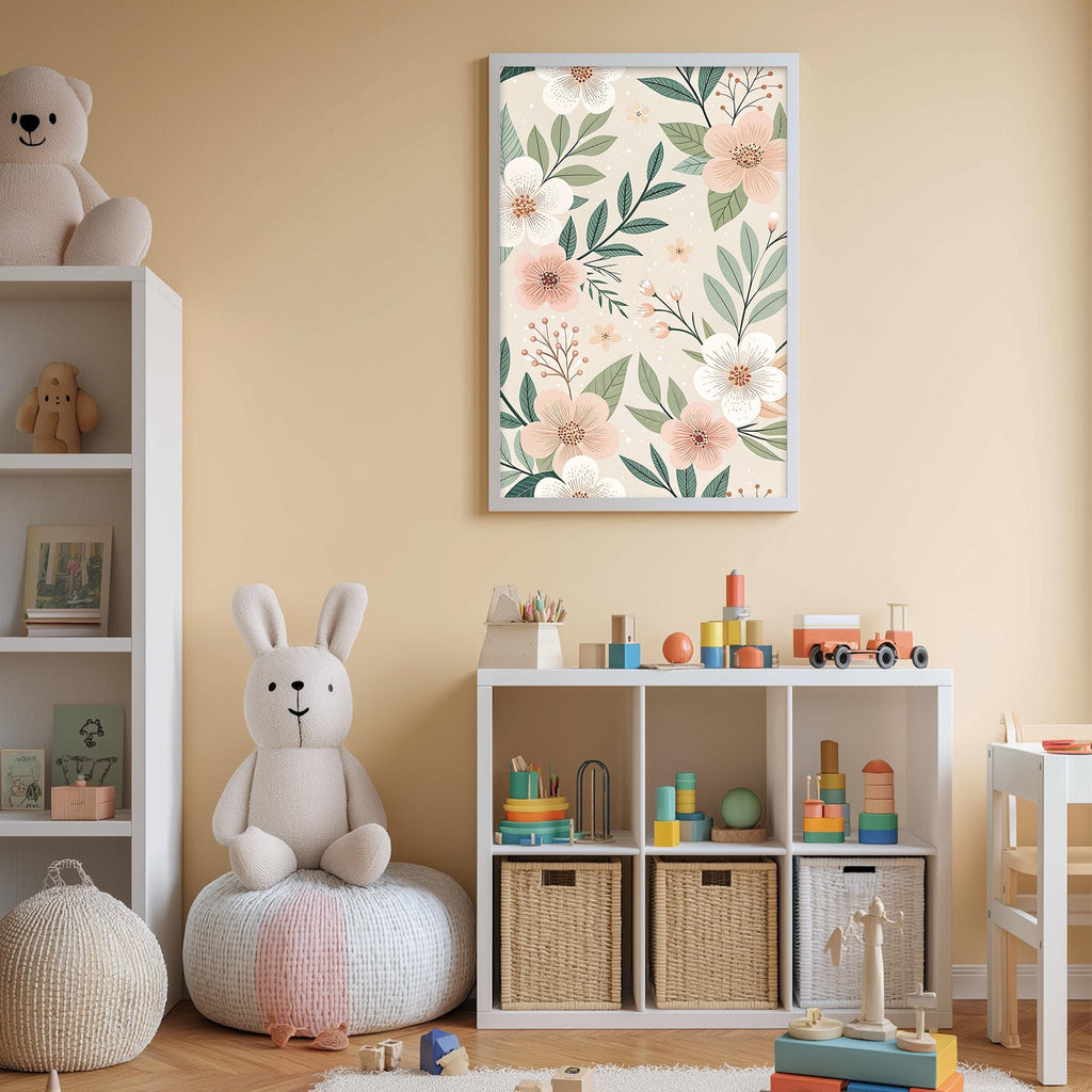 A cozy and colorful children's bedroom with a large floral print on the wall, a white bookshelf filled with toys, and a plush rabbit sitting on a bean bag chair.