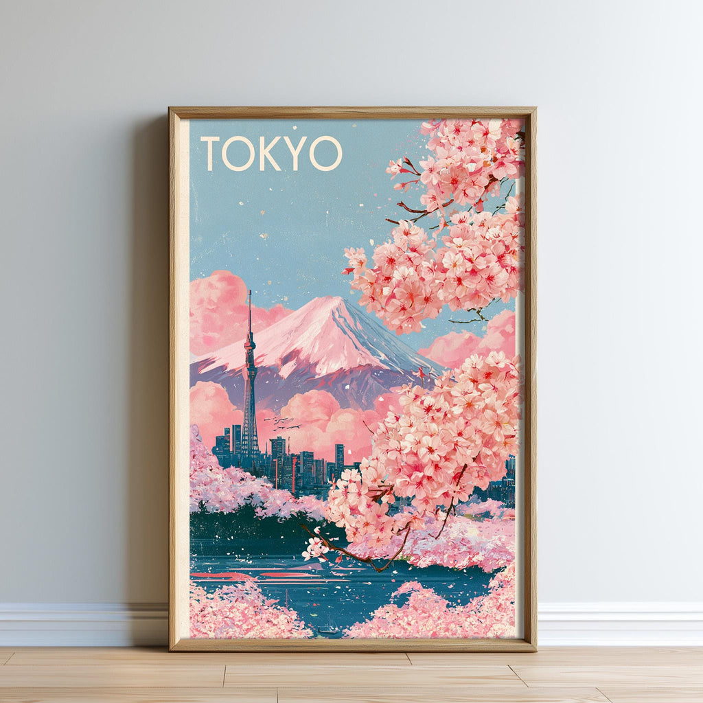 A framed poster depicting a scenic view of Tokyo, Japan, with cherry blossoms in full bloom and the iconic Mount Fuji in the background.