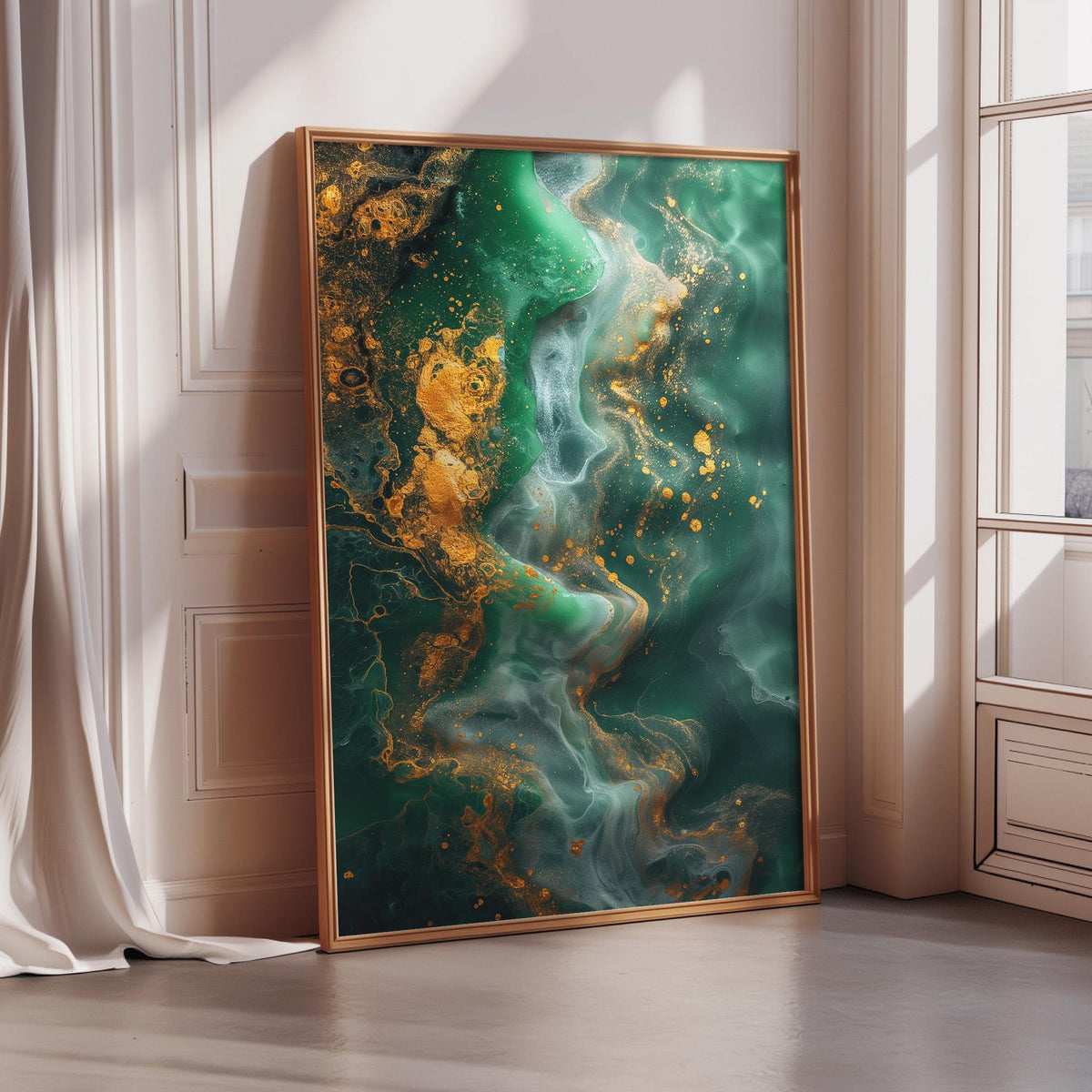 a large abstract painting with a vibrant mix of green and gold colors, creating a dynamic and eye-catching visual display.