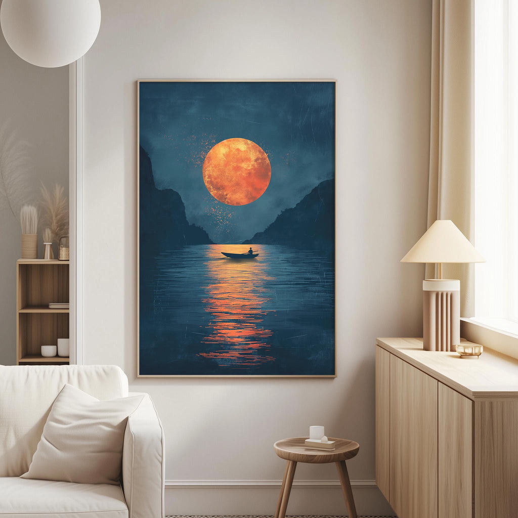 a serene scene of a boat floating on a calm lake under a large, bright orange moon.