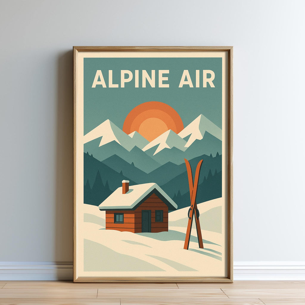 The image is a framed poster depicting a snowy mountain landscape with a cabin and skis, set against a backdrop of a sunset.