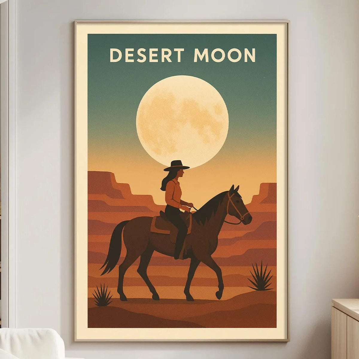 a poster of a cowboy riding a horse in a desert landscape, with a large moon in the background.