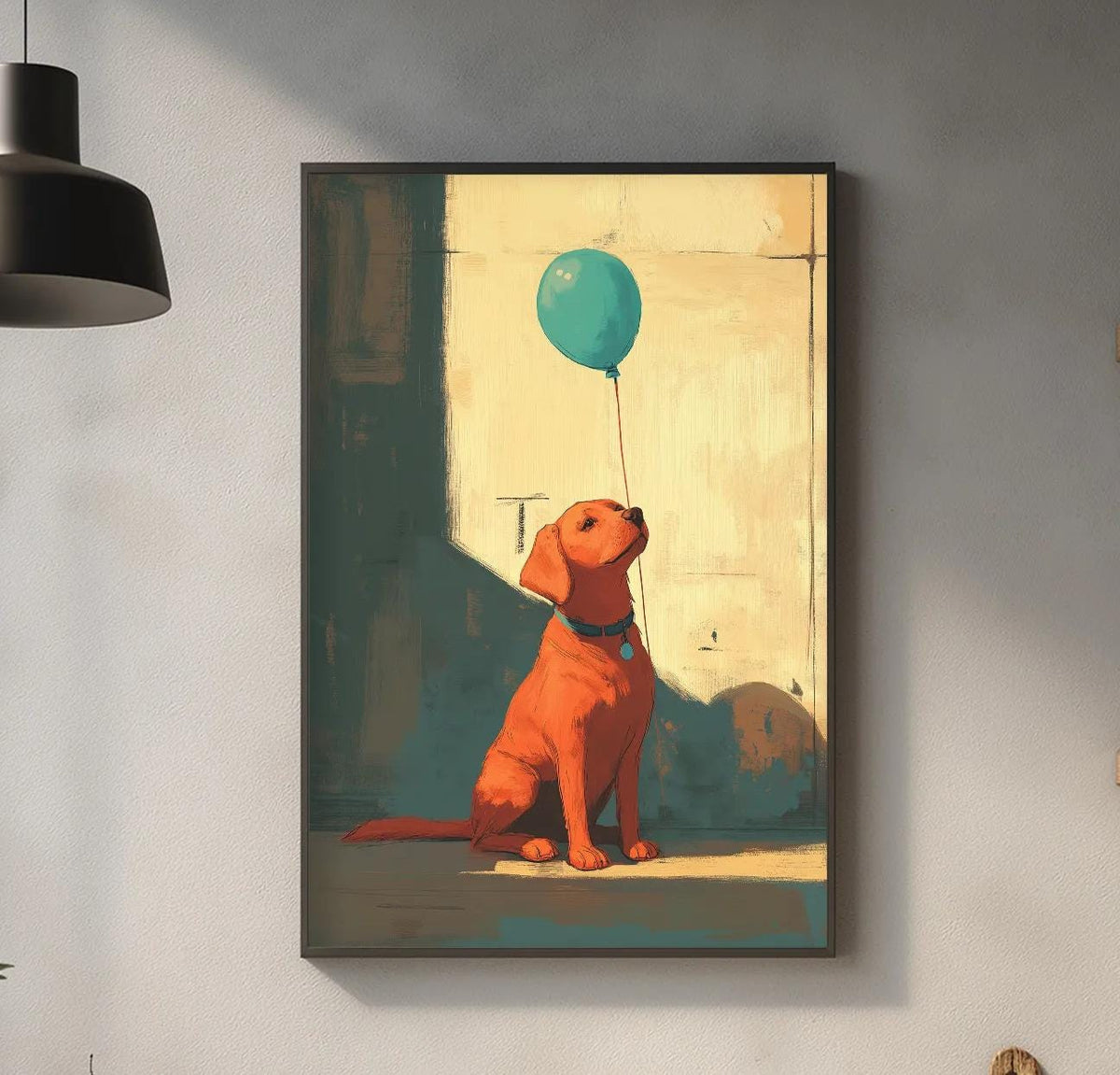 a kitchen counter with various items on it, including a framed painting of a dog holding a green balloon, a wooden cutting board, and a potted plant.