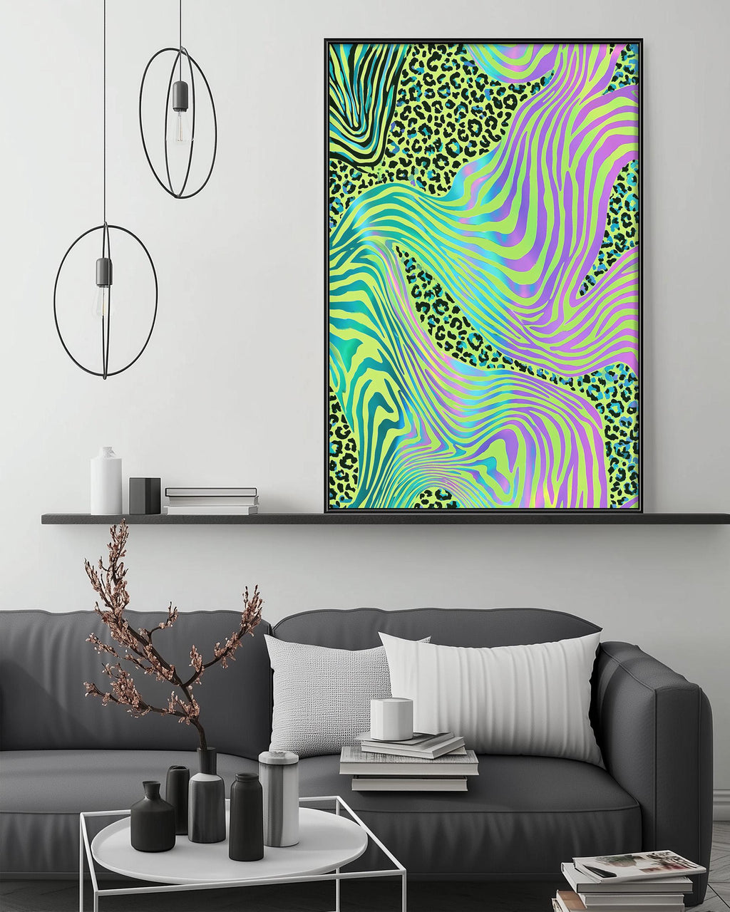a modern living room with a gray sofa, a coffee table, and a large abstract painting with a vibrant mix of green, yellow, and purple colors.