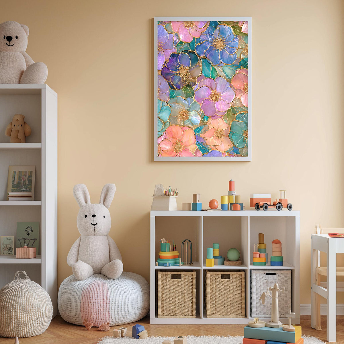 A cozy and colorful children's bedroom with a large floral print on the wall, a white bookshelf filled with toys, and a plush rabbit sitting on a bean bag chair.