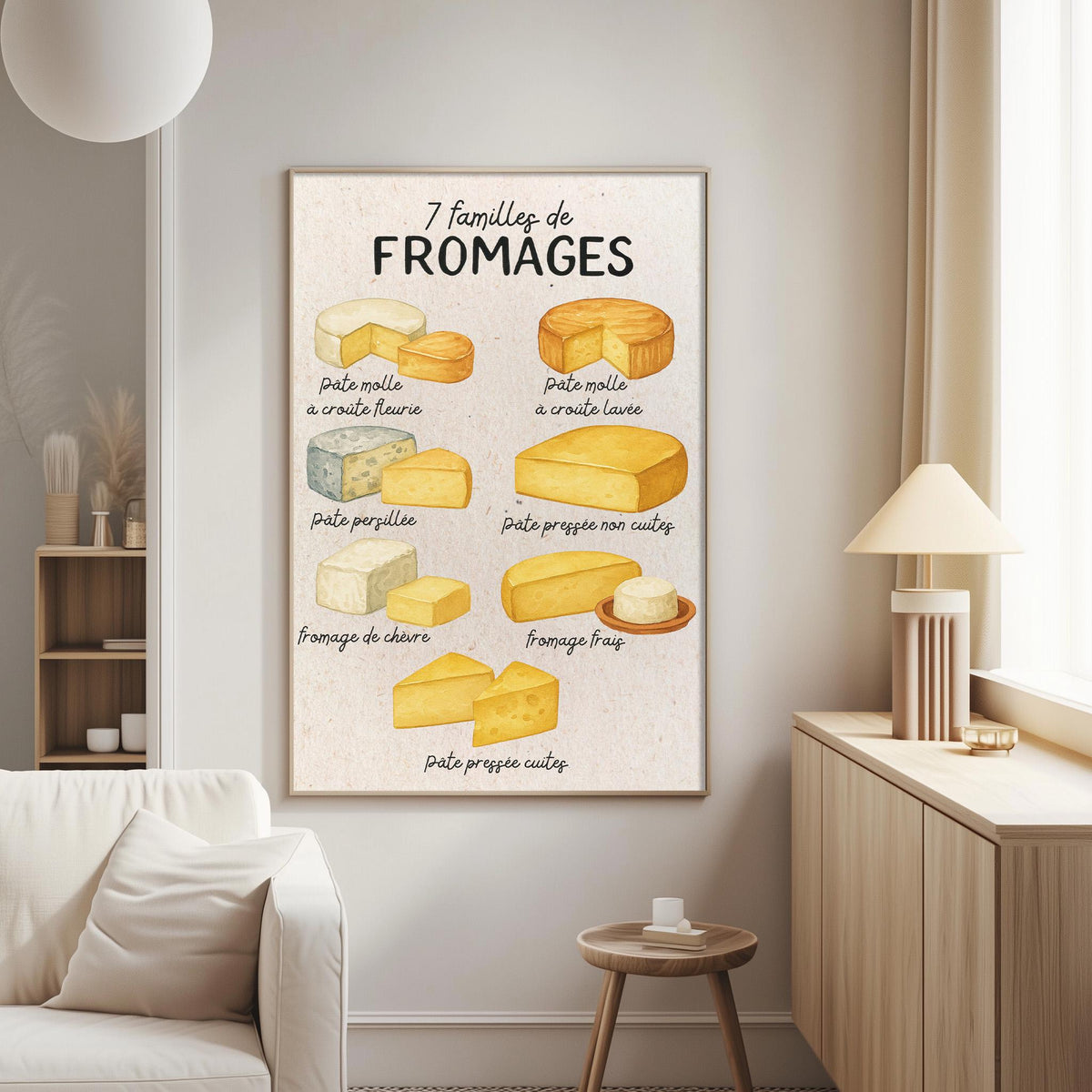 The image is a poster hanging on a wall, depicting various types of cheese and their names in French.