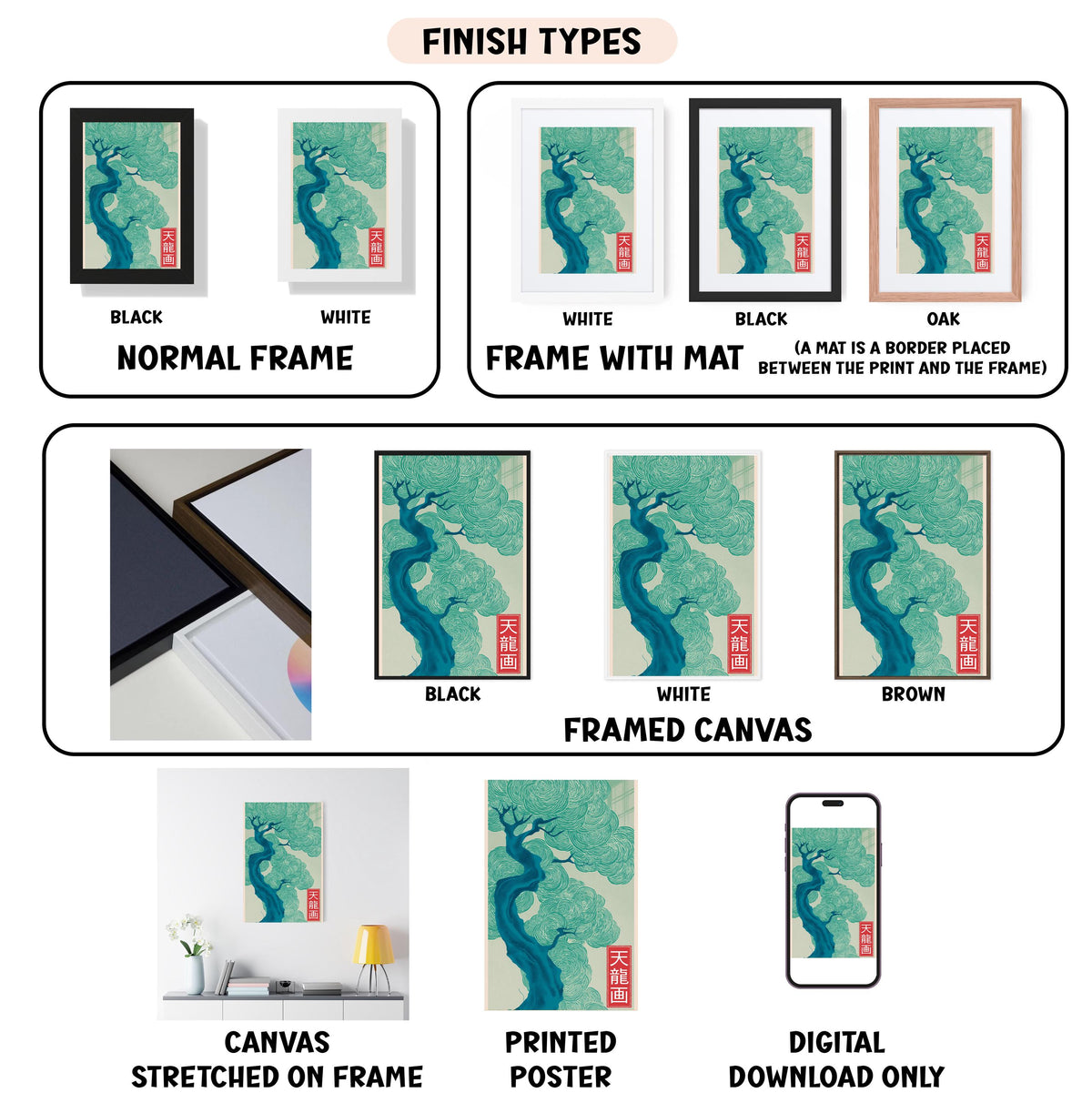 The image is a collection of different finish types for a framed artwork, including a black and white normal frame, a white frame with a mat, a black frame, a white framed canvas, a stretched canvas, a printed poster, and a digital download only.