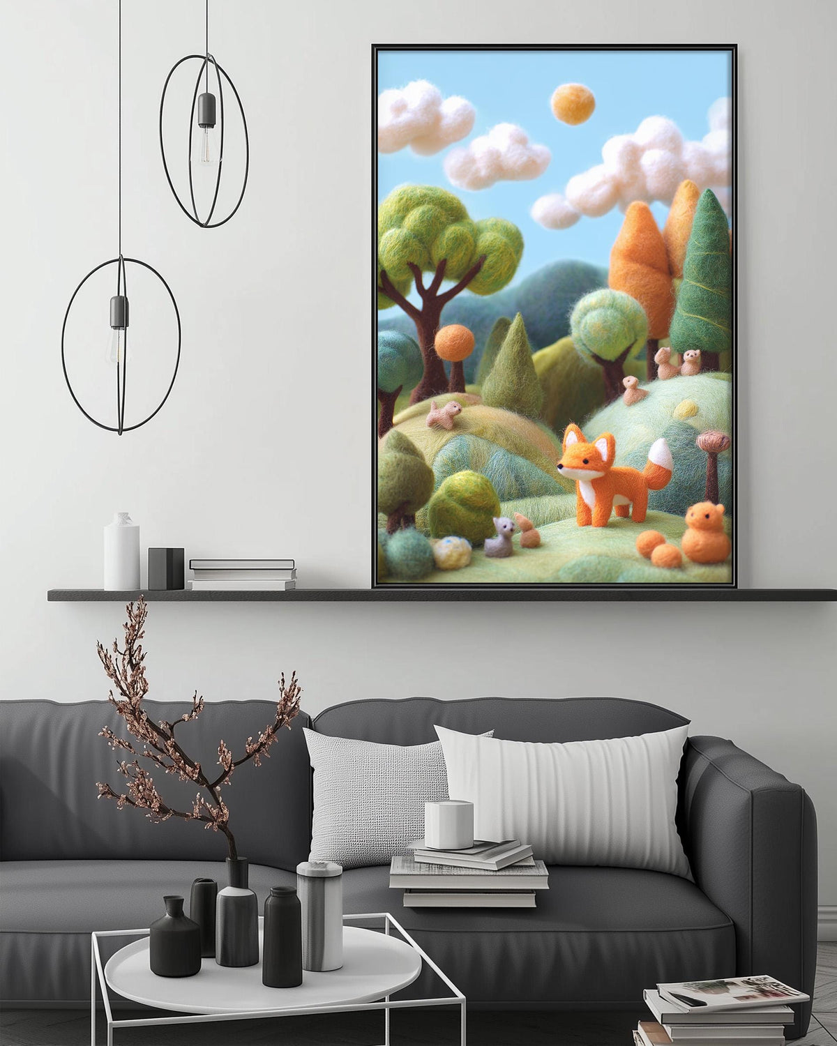 a cozy living room with a gray couch, a coffee table, and a large framed artwork depicting a whimsical forest scene with a fox and other animals.