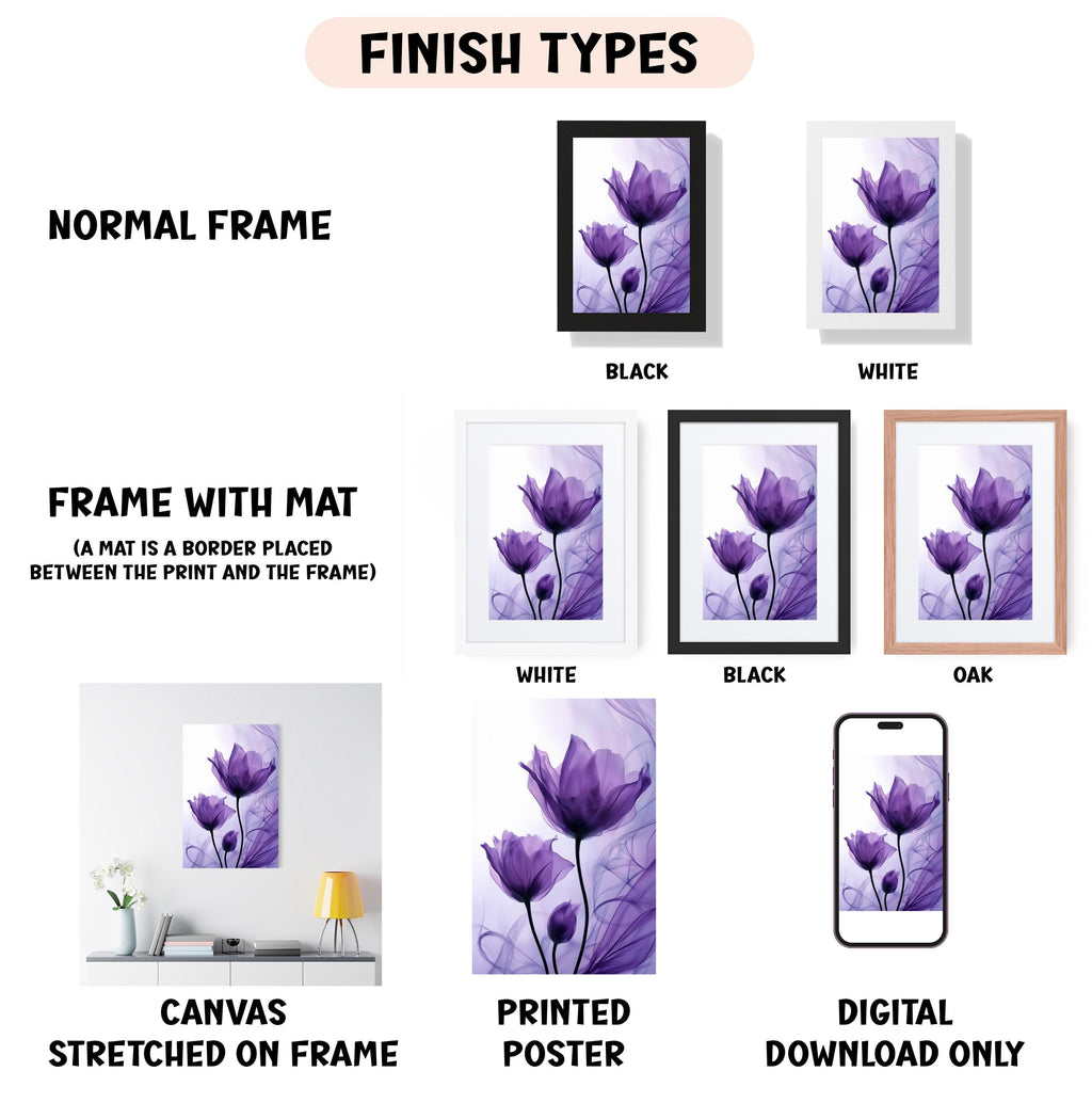 various finish types for framed artwork, including a normal frame, a frame with a mat, a white frame, a black frame, a white frame, a black frame, an oak frame, a canvas stretched on a frame, a printed poster, and a digital download only.