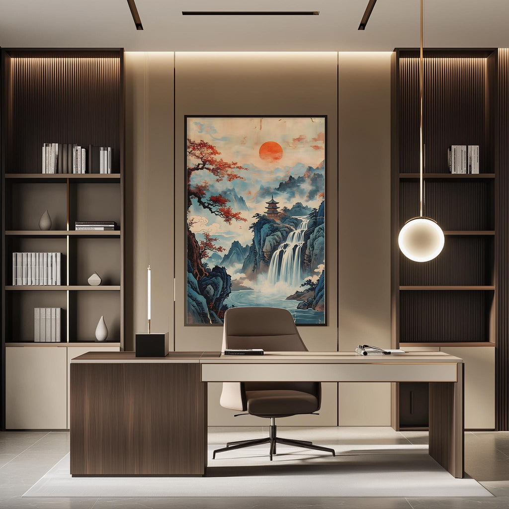 a modern and minimalist office space with a large landscape painting of a waterfall and mountains as the focal point. The room features a wooden desk, a comfortable chair, and built-in bookshelves. The overall design and decor create a serene and inspiring atmosphere.