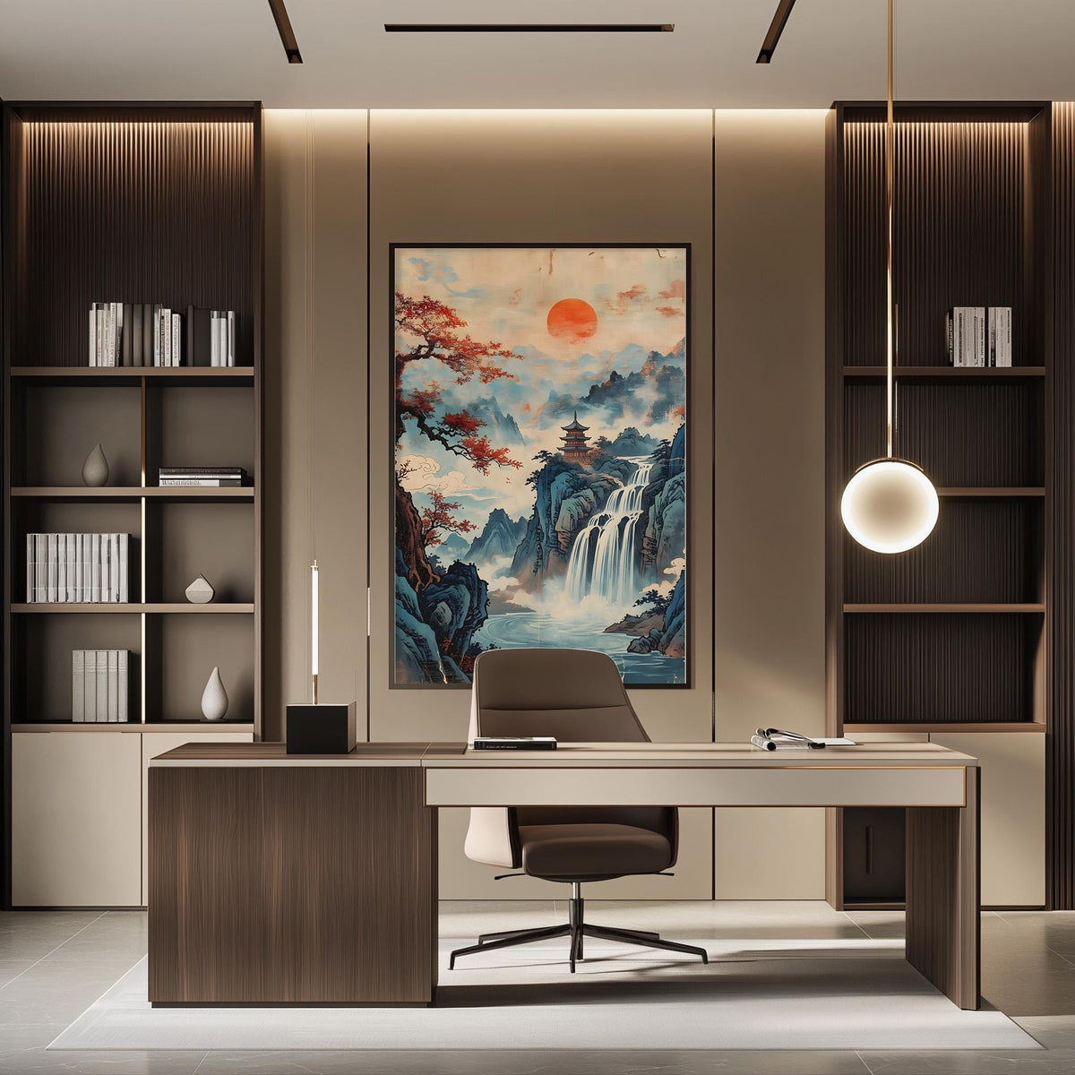 a modern and minimalist office space with a large landscape painting of a waterfall and mountains as the focal point. The room features a wooden desk, a comfortable chair, and built-in bookshelves. The overall design and decor create a serene and inspiring atmosphere.