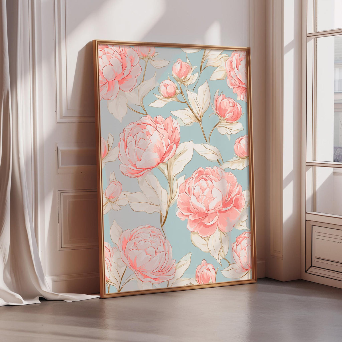 A large framed print with a floral pattern of pink and white flowers is displayed on a wall in a room with a window.