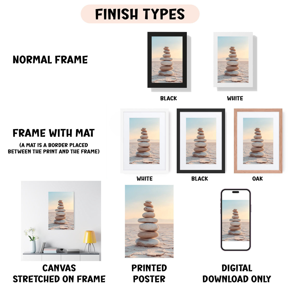 a poster with a picture of rocks stacked on top of each other
