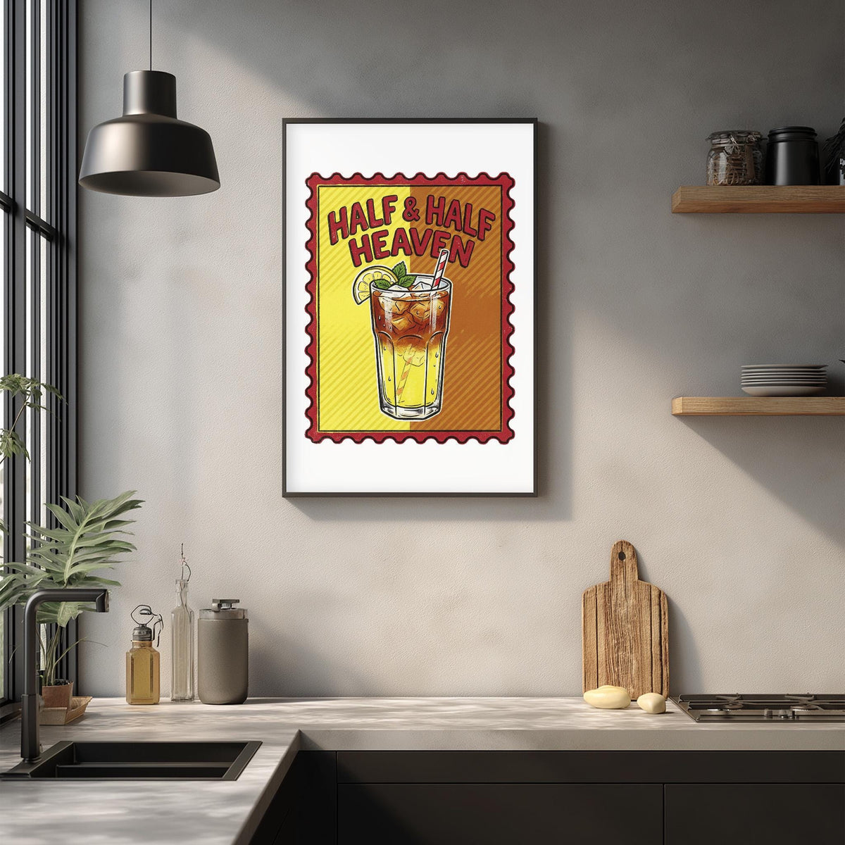 a framed poster with the text "Half & Half Heaven" on it, hanging on a wall above a kitchen counter with various kitchen items and decor.