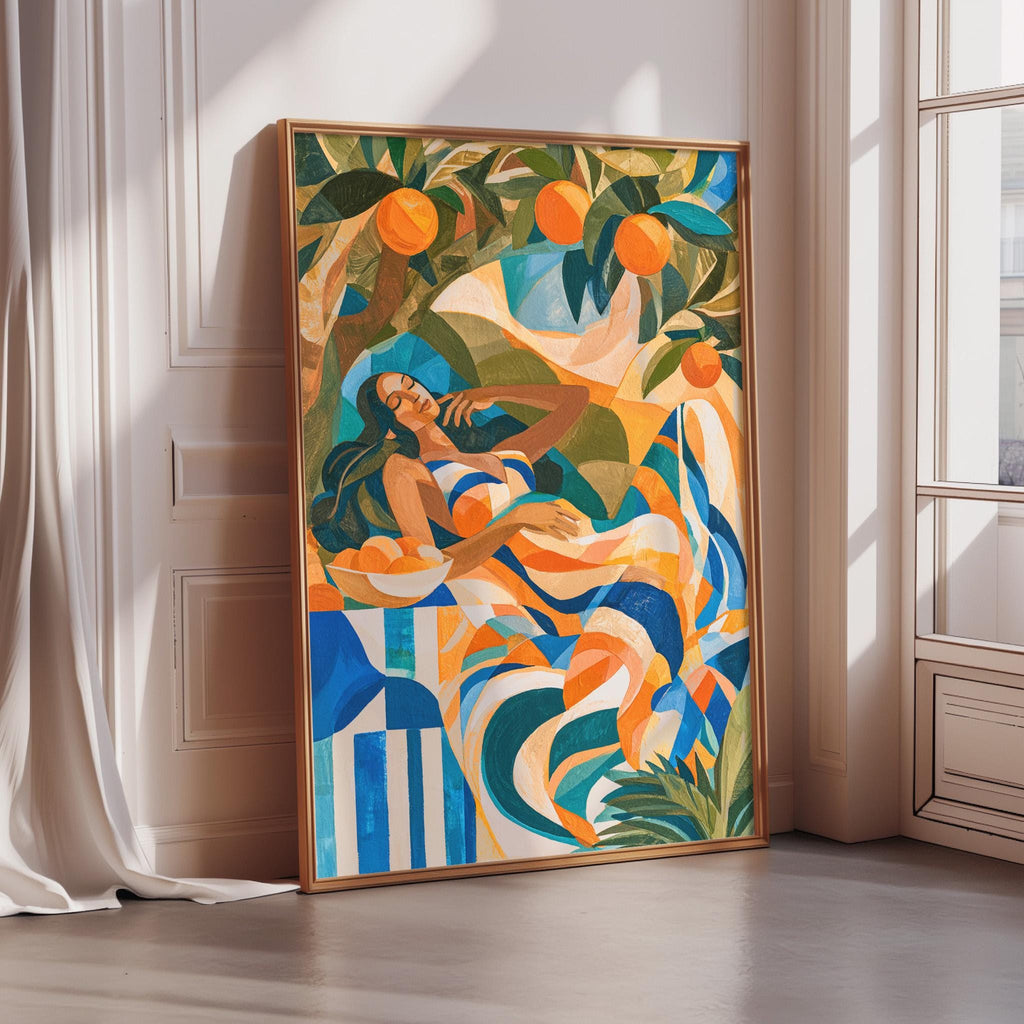 a large, colorful painting of a woman with long hair and a blue and orange striped dress, surrounded by an abstract, geometric design with orange and green elements.