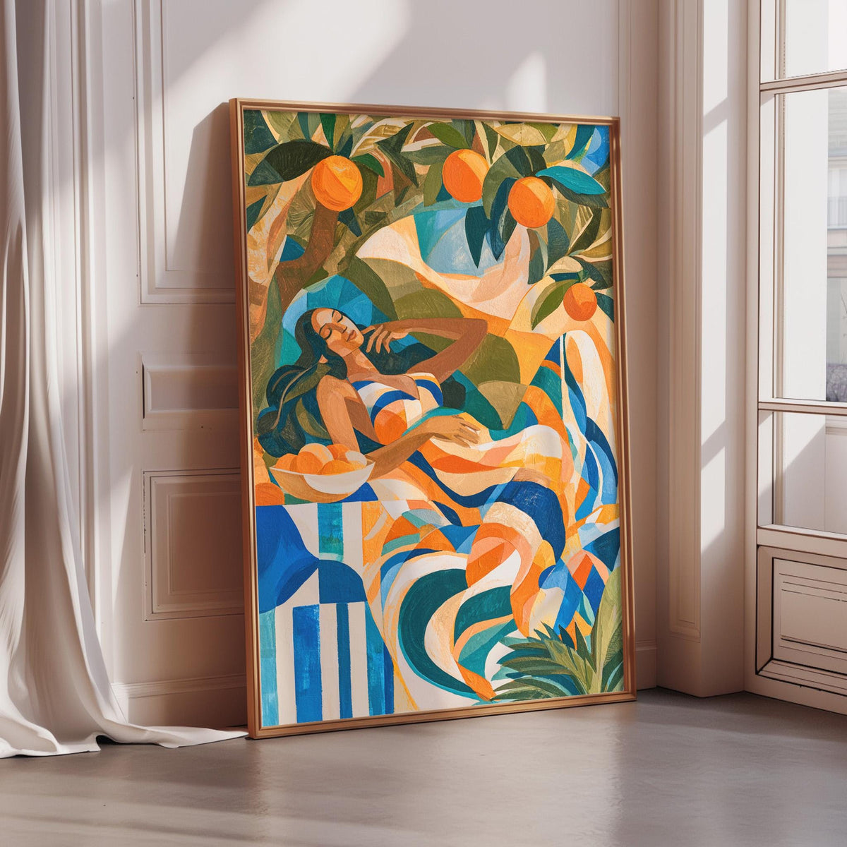 a large, colorful painting of a woman with long hair and a blue and orange striped dress, surrounded by an abstract, geometric design with orange and green elements.
