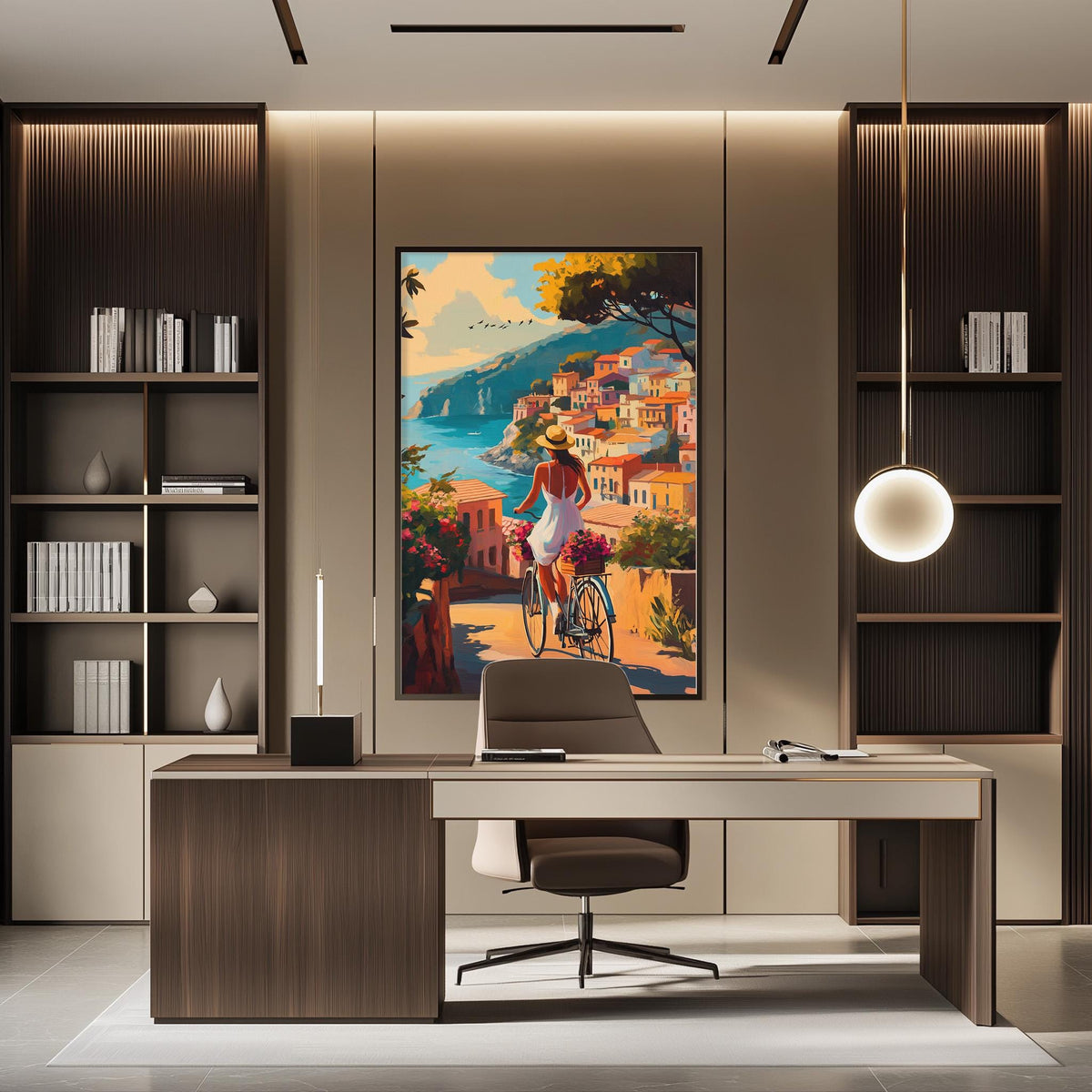 a modern office space with a large painting of a woman riding a bicycle in the background, surrounded by a colorful coastal town scene. The office features a desk, chair, and bookshelves, creating a professional and stylish atmosphere.
