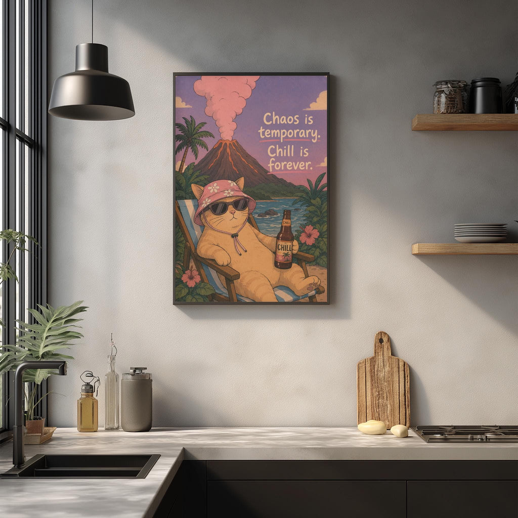 a kitchen counter with various items, including a cat wearing sunglasses and a hat, a bottle of beer, and a wooden cutting board. Above the counter, there is a framed poster with a cartoon cat and text that reads "Chaos is temporary. Chill is forever."