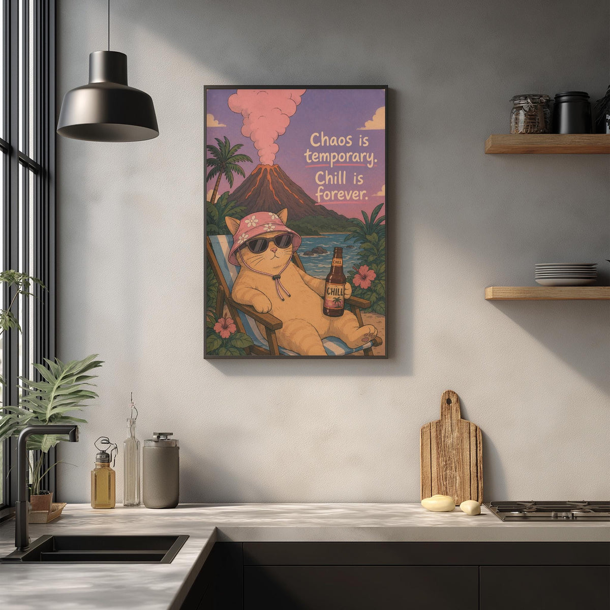 a kitchen counter with various items, including a cat wearing sunglasses and a hat, a bottle of beer, and a wooden cutting board. Above the counter, there is a framed poster with a cartoon cat and text that reads "Chaos is temporary. Chill is forever."