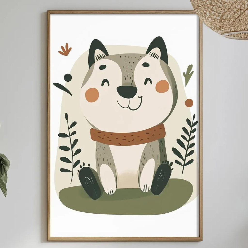 a cozy and stylish dining area with a framed illustration of a cute cat on the wall, surrounded by potted plants and a table set with various items.