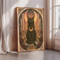 A framed painting depicting a black cat sitting on a throne, surrounded by roses and a crescent moon, with a golden crown on its head.