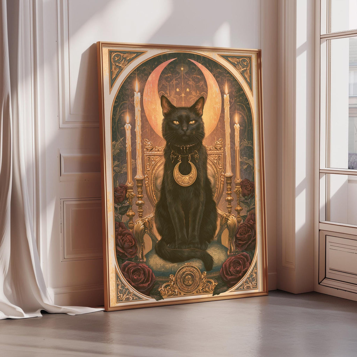A framed painting depicting a black cat sitting on a throne, surrounded by roses and a crescent moon, with a golden crown on its head.