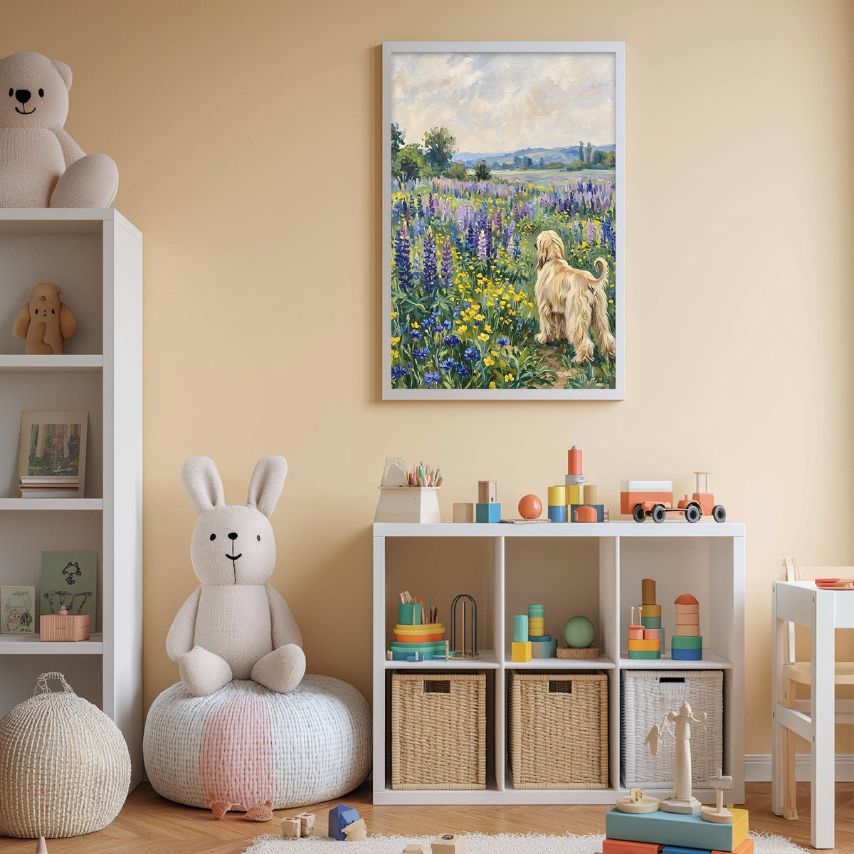 A cozy children's room with a large stuffed bunny, a bookshelf, and a toy chest filled with toys. A framed painting of a dog in a field of flowers hangs on the wall, and a shelf holds various toys and books.