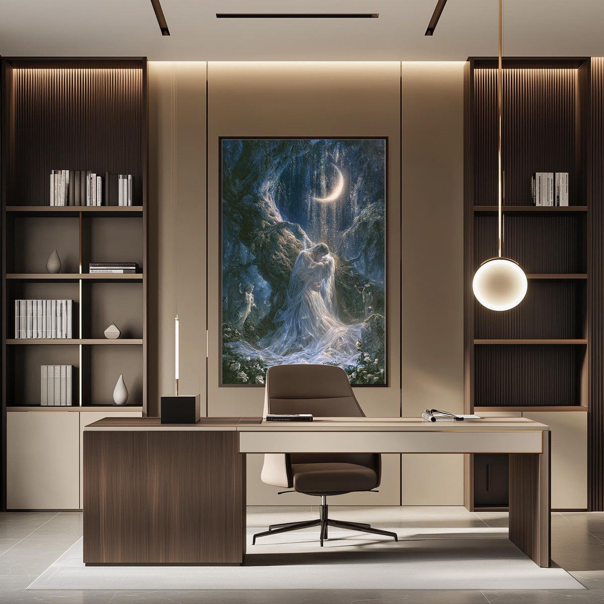 a modern and stylish office space with a large framed artwork of a woman with a crescent moon on the wall. The office features a wooden desk, a comfortable chair, and a bookshelf filled with books. The overall design and decor create a serene and inspiring atmosphere.