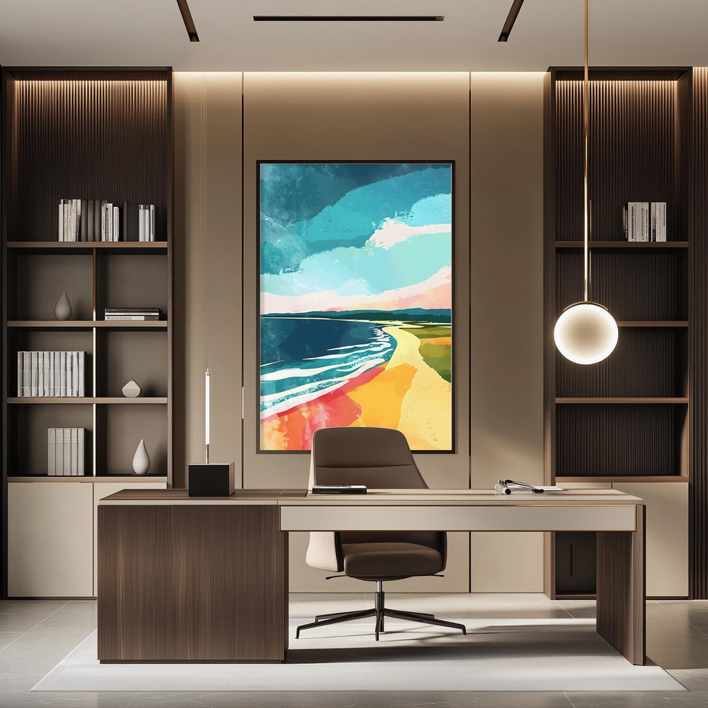 a modern and minimalist office space with a large abstract painting of a beach scene hanging on the wall above a wooden desk with a chair.
