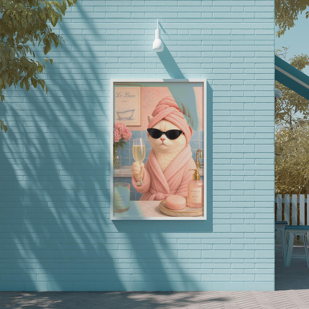 A framed illustration of a cat wearing a pink bathrobe and sunglasses, holding a glass of wine, is displayed on a blue brick wall.