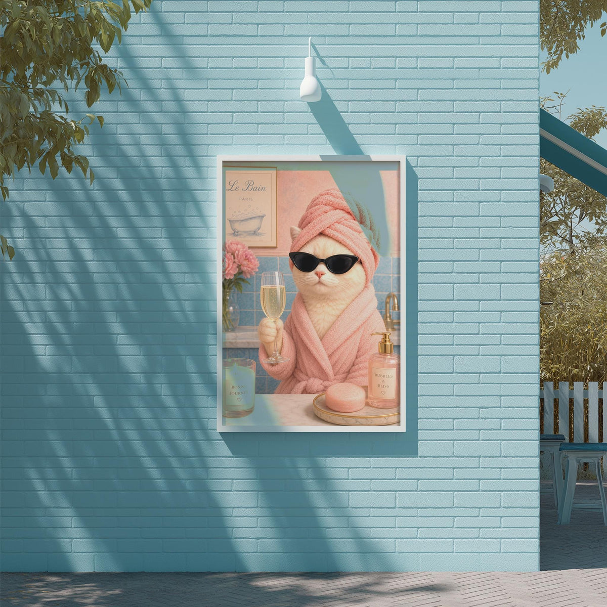 A framed illustration of a cat wearing a pink bathrobe and sunglasses, holding a glass of wine, is displayed on a blue brick wall.