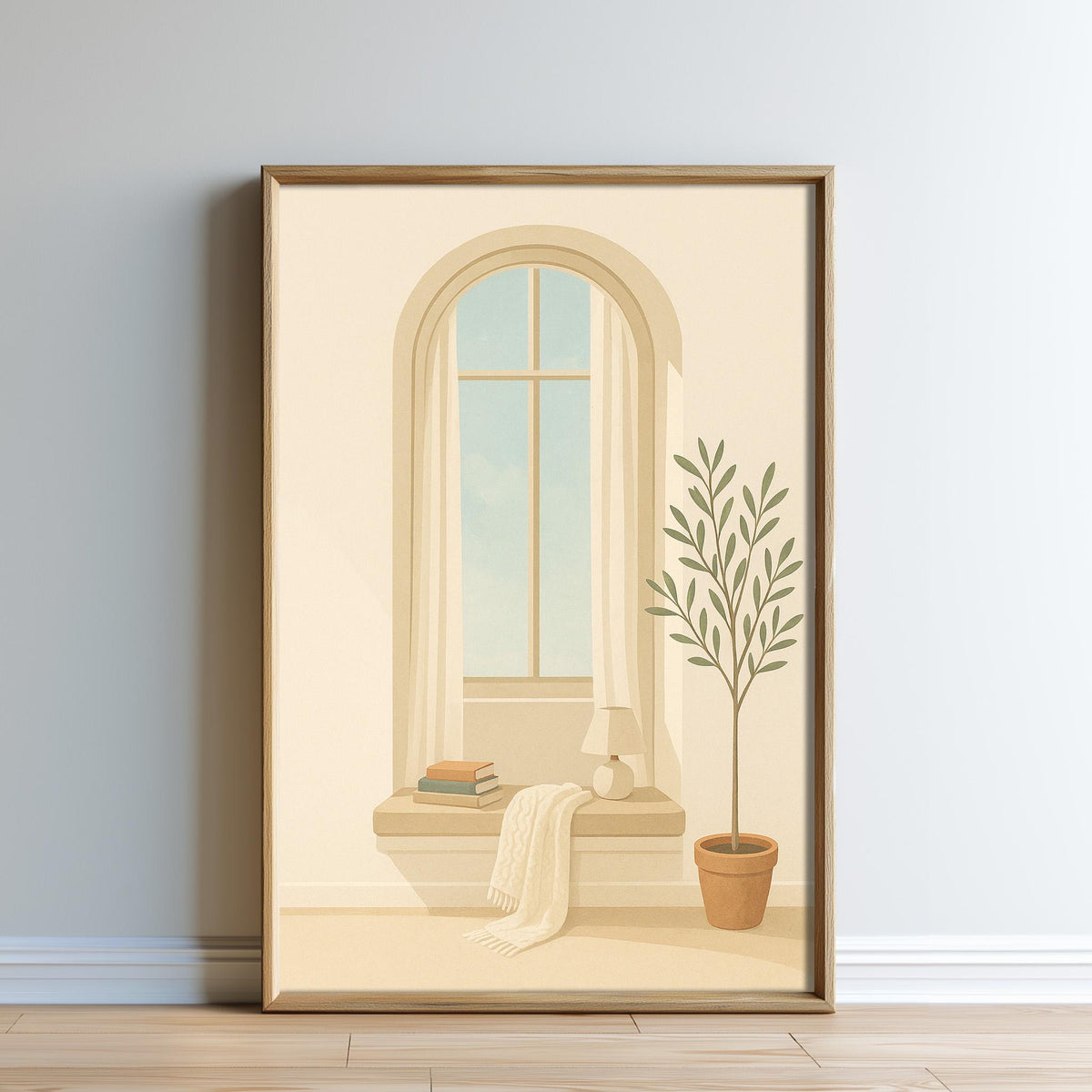 The image is a framed illustration depicting a window with a plant and books on a windowsill, set against a light beige background.