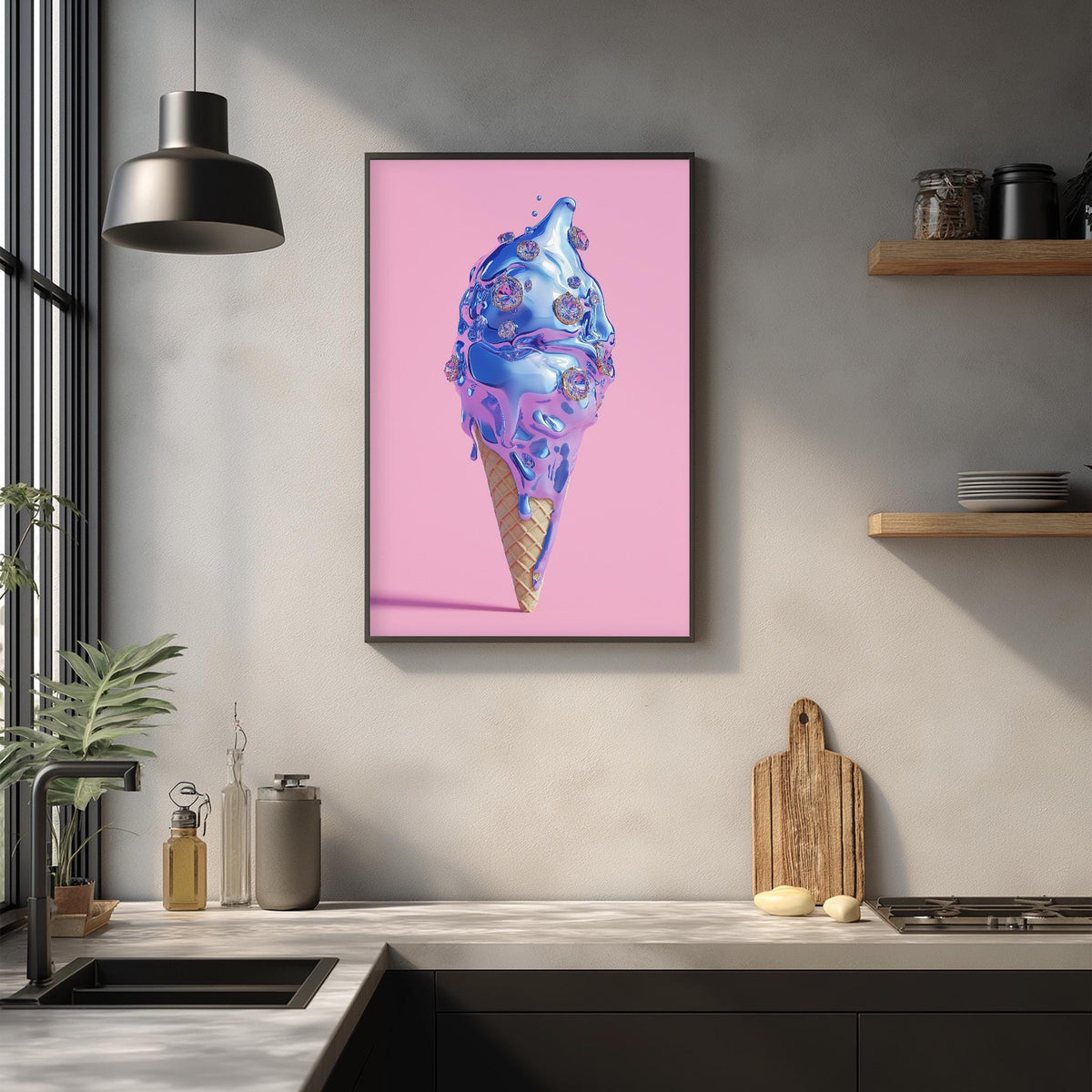 a framed artwork of a melting ice cream cone with a pink background and a blue scoop of ice cream.