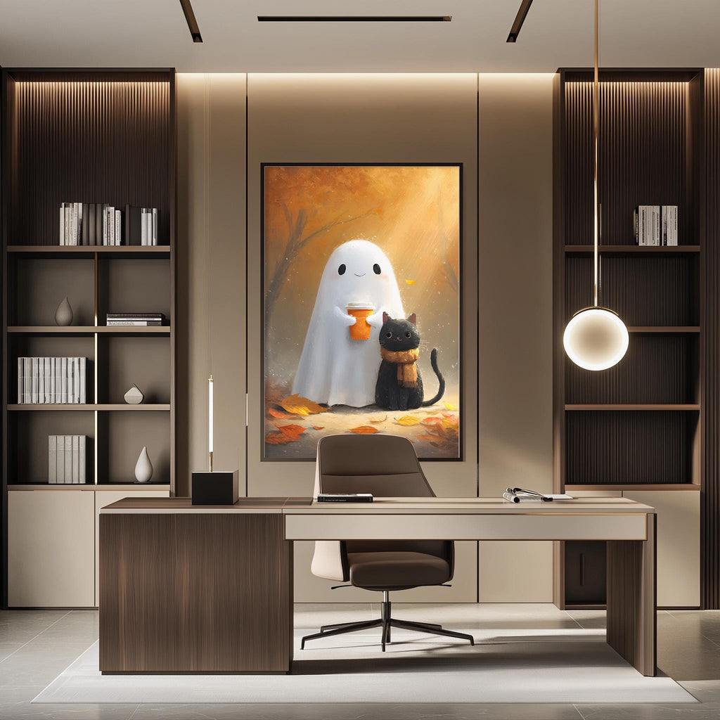 a modern office space with a large framed artwork of a ghost and a cat on the wall. The office has a wooden desk, a chair, and a bookshelf filled with books. The overall design and decor create a cozy and inviting atmosphere.