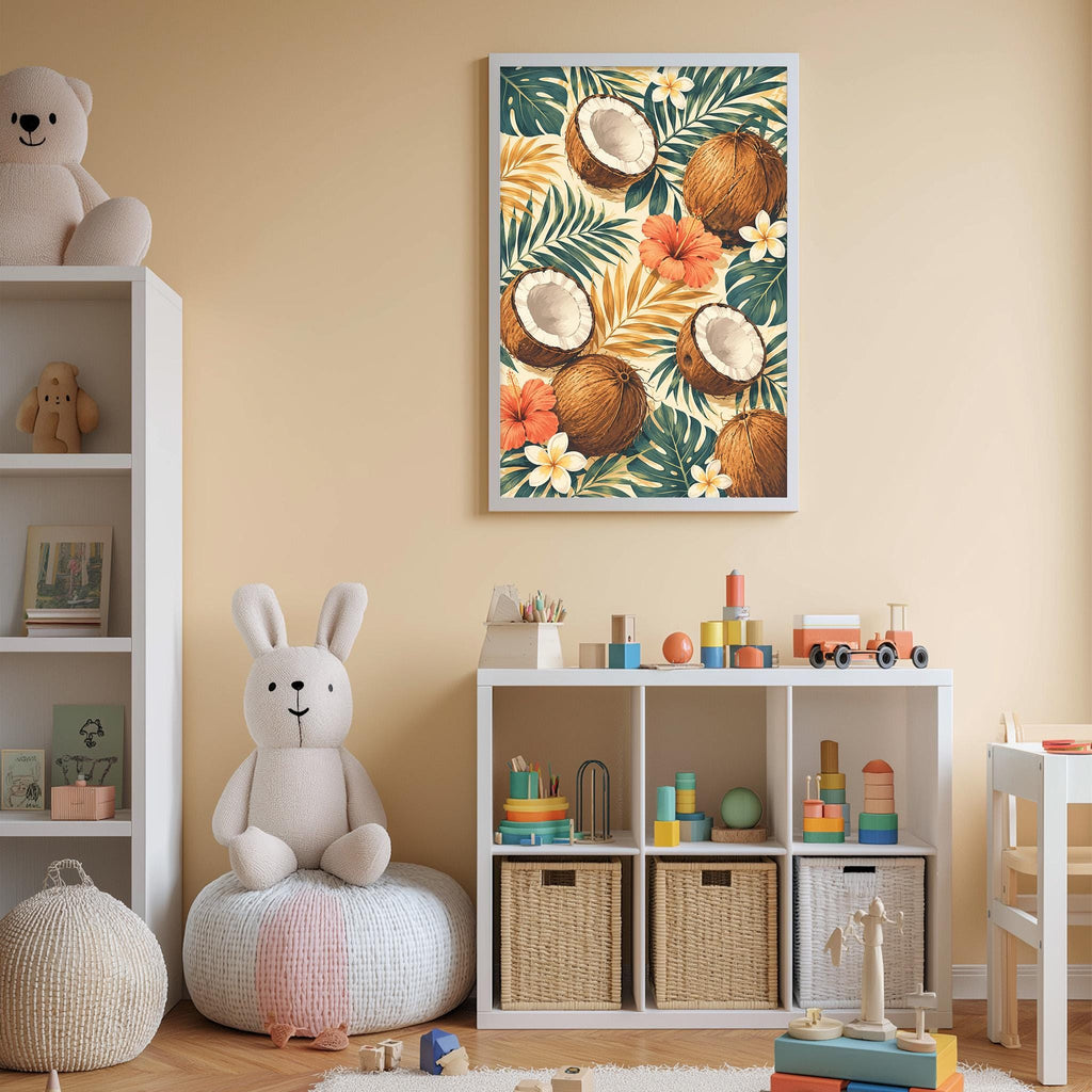 A cozy and colorful children's bedroom with a large stuffed rabbit, a bookshelf, and a toy chest filled with toys. The walls are painted a light peach color, and there is a framed print of a tropical fruit and flower design hanging on the wall.