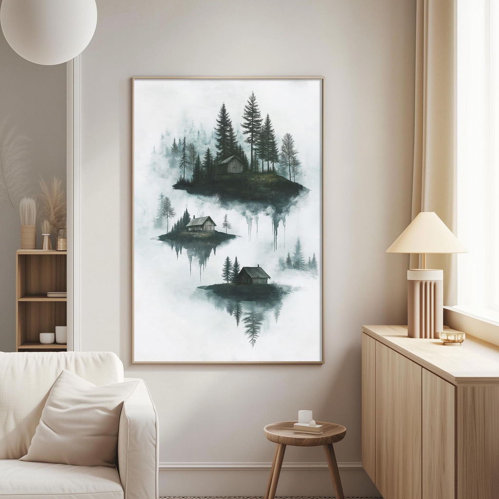a living room with a large framed painting of a forest scene hanging on the wall. The painting depicts a misty, forested landscape with a small island in the center. The room has a white sofa, a wooden side table, and a lamp on a wooden cabinet.