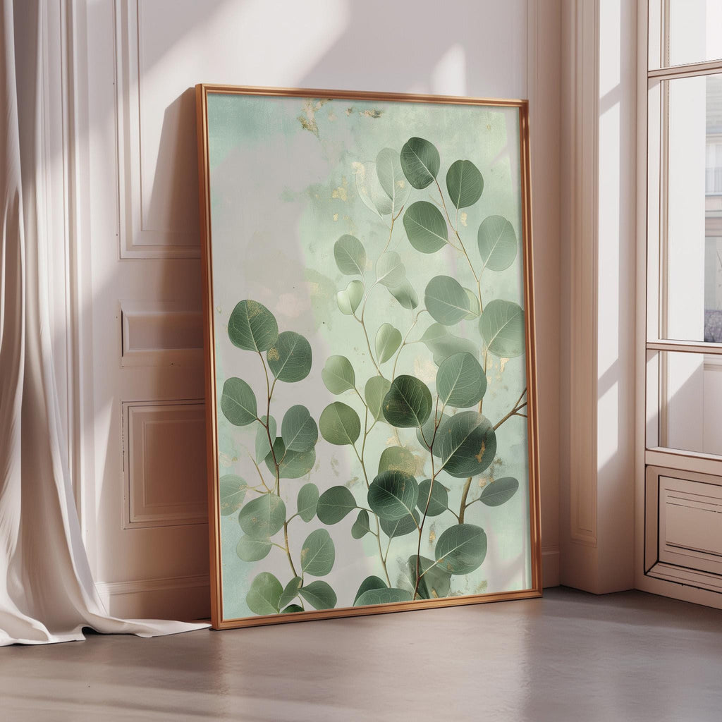 a large framed painting of green leaves on a wall, with a white frame and a light green background.