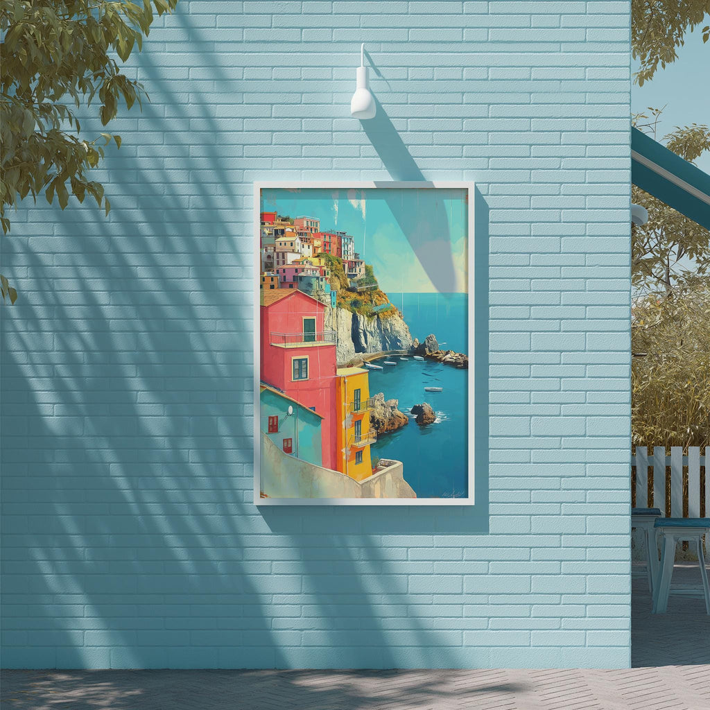 a vibrant painting of a coastal town, with colorful buildings and a picturesque view of the sea.