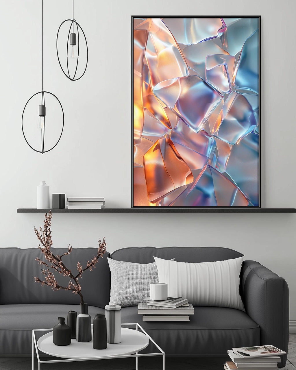 a modern living room with a gray sofa, a coffee table, and a large abstract painting hanging on the wall above the sofa.